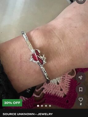 Silver Bracelet with Red Enamel Rose Accent